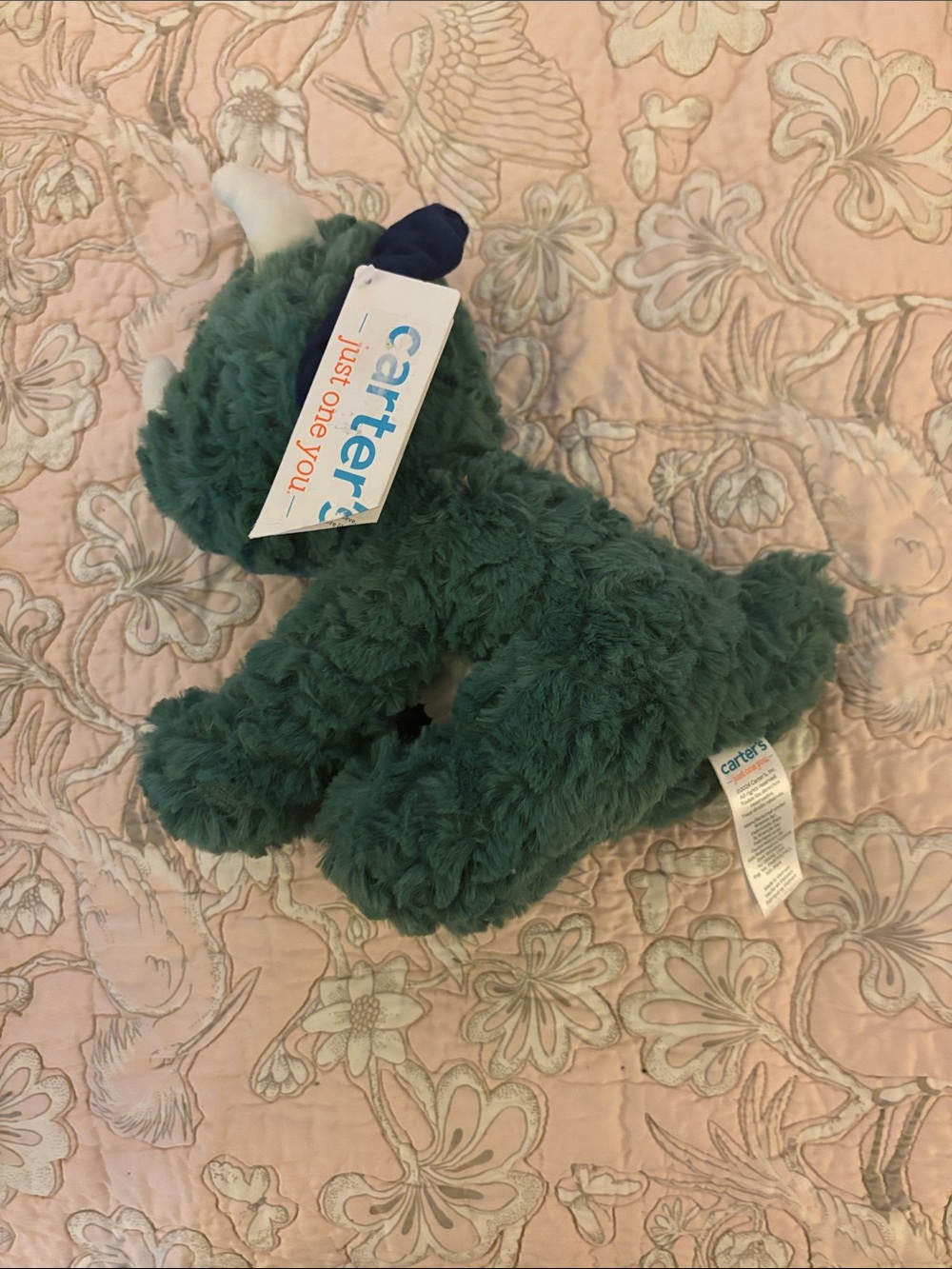 Carter's Just One Year Green Plush baby Triceratops with Navy Crest NWT. - Picture 2 of 8